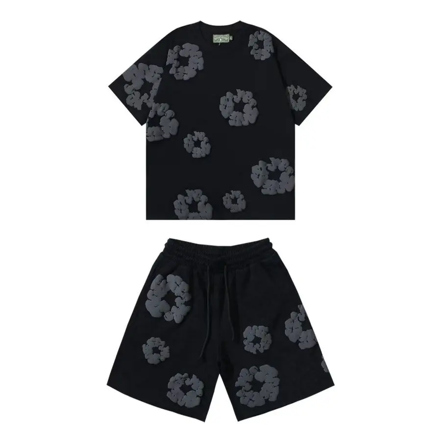 Y2K 3D Foam Floral Print 2 Piece Outfits, Oversized Short Sleeve T Shirt & Elastic Waist Drawstring Shorts Matching Set, Streetwear Casual Summer Tracksuit for Men Women