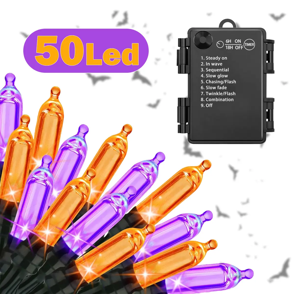 Orange Purple Halloween String Lights, 2-Pack 16.4ft 100 LED Battery-Operated Lights with 8 Modes, Timer, Waterproof for Home Tree Wreaths Holiday Decor