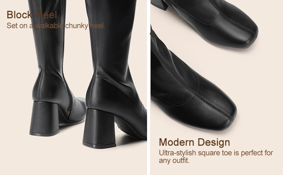 Dream Pairs Women's Fashion Stylish Desire Square Toe Chunky Knee High Gogo Boots High Chunky Block Heel Stretchable PU Upper for Easy Wear Classic Boots Winter Fall Winter