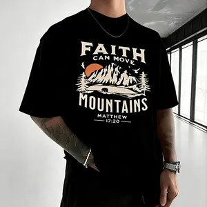 Men’s Faith Mountain Print T-Shirt, premium pure cotton casual short sleeve, trendy comfortable loose street-style fit.