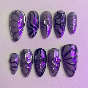 Purple Chrome Press-On Nails, Gothic Cross Butterfly Fake Nails in Dark Mirror Finish