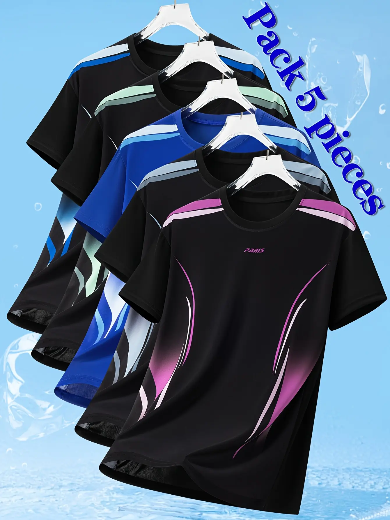 Pack of 5 – Men’s casual athletic T-shirts made from quick-dry fabric for summer; stretchy, breathable printed short-sleeve tops suitable for gym training, running, outdoor activities, and casual wear; ideal as gifts; sportswear; outdoor sports apparel; c
