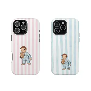 Couple Style Striped Curious George Pajamas Phone Case – Cute Cartoon Monkey with Teddy Bear, Striped Pastel Design, Protective iPhone Cover |     Cover for IPhone 16 15 14 13 12 SE Max Pro Samsung galaxy S26 Ultra 21 22 23 24 25