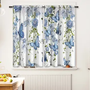Floral Butterfly Kitchen Curtains Rod Pocket Blue Flower Spring Summer Leaves Small Short Cafe Curtain Girls Wildflower Vines Lavender Window Treatment Drapes Foldable Colorful Room Divider