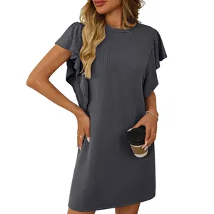Womens Casual Summer Crewneck Ruffle Sleeve Ribbed Mini Tshirt Dress