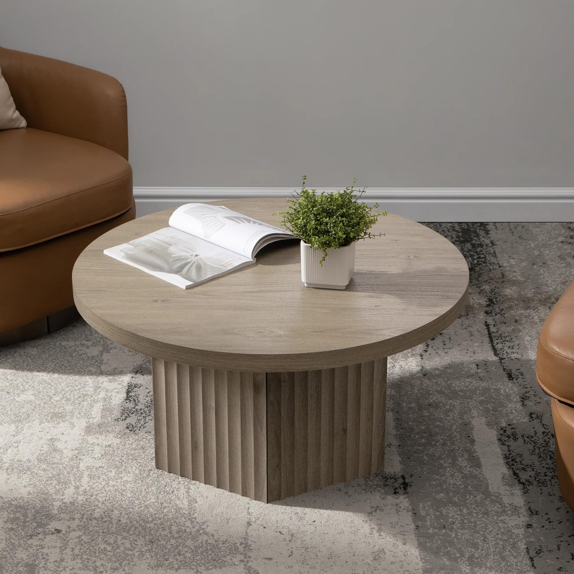 SICOTAS Round Coffee Table for Living Room, Modern Fluted Circle Center Coffee Table with Storage, 32" Accent Tea Dining Table for Apartment, Grey Alder