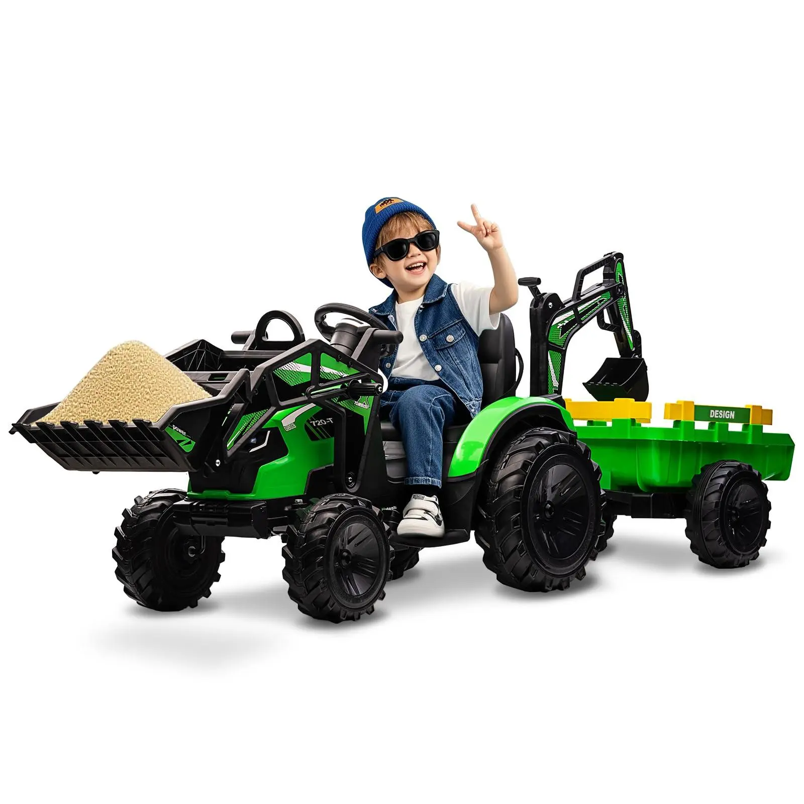 24V Battery-Powered Kids Ride-On Tractor Toy - 3-in-1 Excavator, Bulldozer & Backhoe w/Remote Control, Trailer, LED Lights, Music, USB, Green