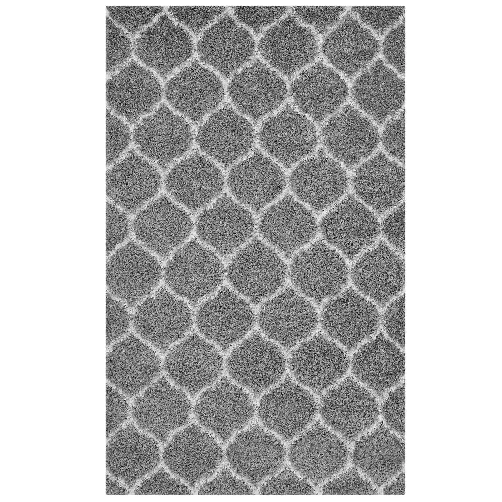Modway Solvea Extra Plush Ethnic Motif Moroccan Trellis 5x8 Shag Area Rug, Gray and Ivory, Ethnic Motif Area Rugs, Extra Plush Area Rugs