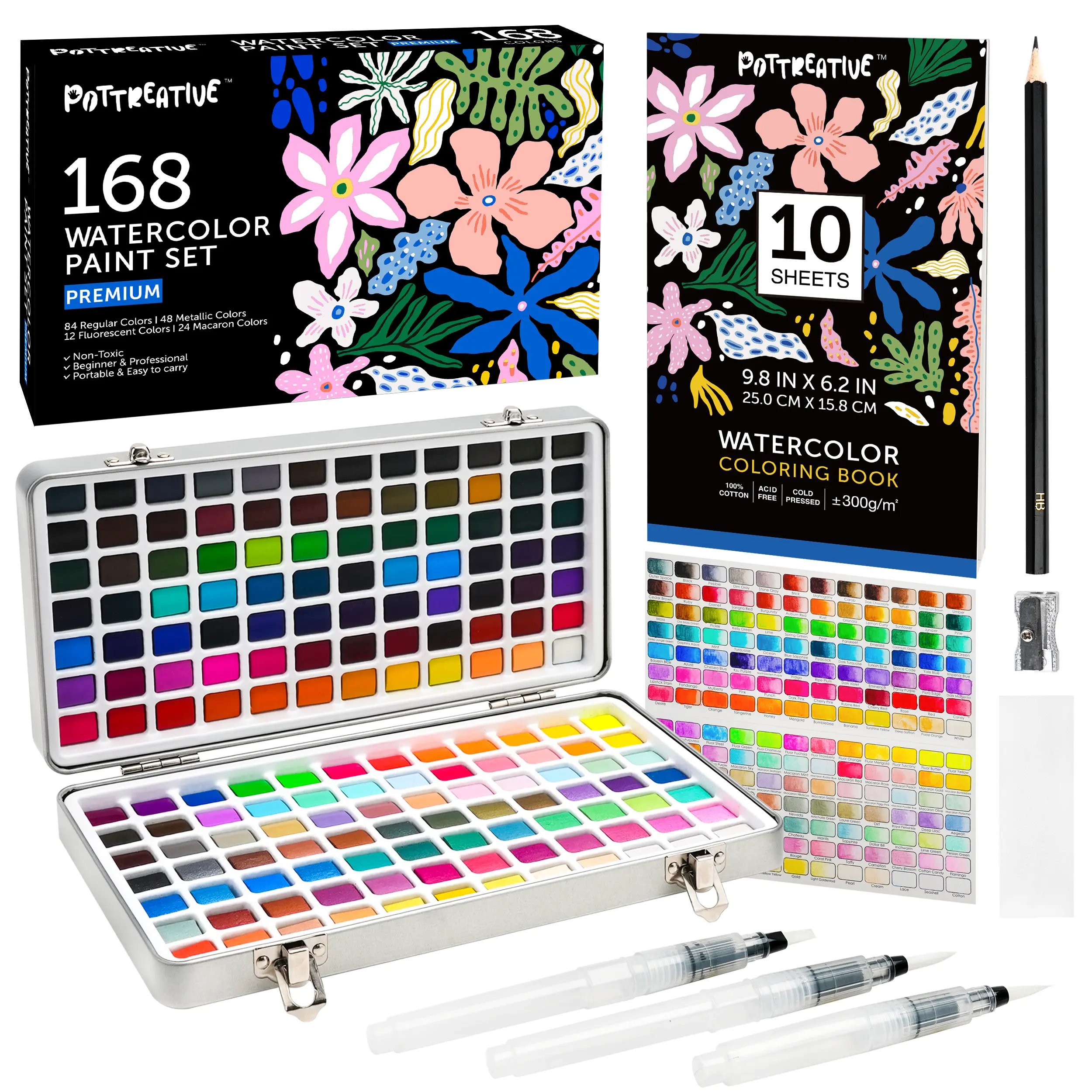 168-Piece Solid Watercolor Paint Set with Brushes and Blank Coloring Book, Archival Water Color Kit for Professional Artists - Christmas, Birthday Gift, Watercolor Brush Pen, Content Creators