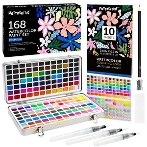 168 Solid Watercolor Paint Set with Brushes and Blank Coloring Book, Archival Art Supplies for Professionals - Christmas, Birthday, Artist Present