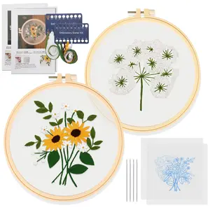 2 Sets Embroidery Starter Kit for Adults Beginners - Sunflower Patterns & Cross Stitch Kit,Includes Embroidery Clothes,Hoops,Thread,Needles,DIY Hand Sewing Gift