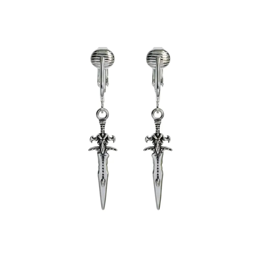 Silver Sword Clip On Dangling Earrings