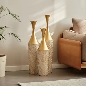 3-Piece Handcrafted Metal Floor Vase Set, Gold & White Textured Tall Vases for Living Room Entryway, Modern Glam Decor for Pampas Grass & Ideal Housewarming/Birthday Gifts rearranging accent furniture decoration