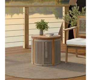 LuxenHome Outdoor Acacia Wood Rope Sides RoundDrum Side Table