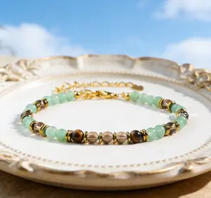 Triple Prosperity Bracelet Green Aventurine Smoky Quartz Tiger Eye Crystal Gift