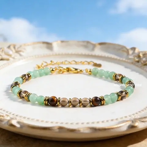 Triple Prosperity 4mm Natural Crystal Stacking Bracelet - Green Aventurine, Smoky Quartz, Tigers Eye Beaded Minimalist Costume Jewelry for Adults, Daily Wear, Prosperity-Attracting Gift, Natural Crystal Bracelet