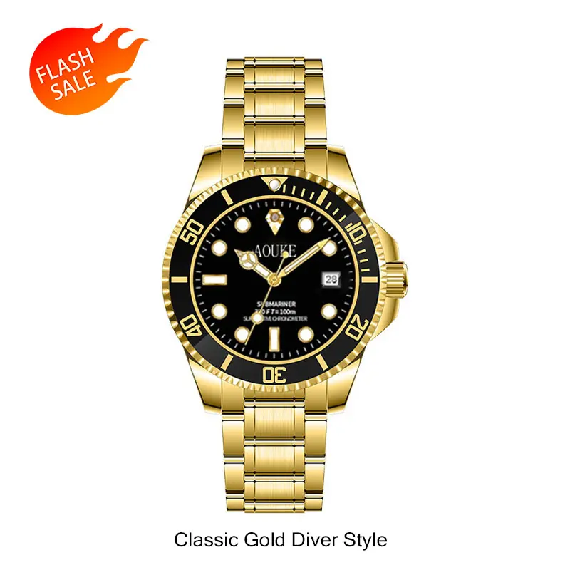 Luxury Men's Gold Diver Look Watch, 'Prestige' Black Dial Round Face Casual Timepiece, Stainless Steel Strap Luminous Quartz with Batteries, 42Mm