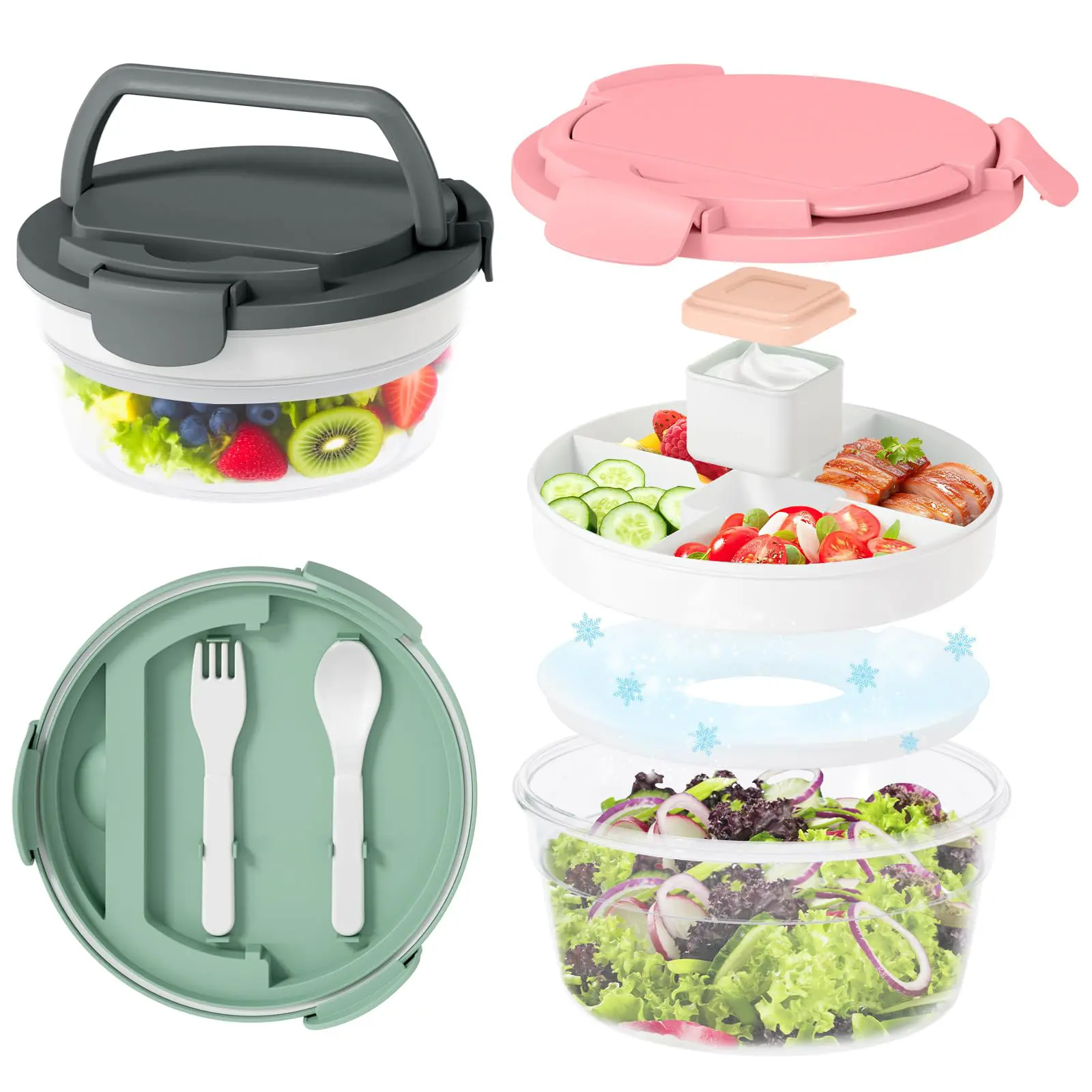 [tiktokshopsummersale] MAXSO Leakproof Bpa Free Bento Box 58oz Large Salad Container With 4 Compartments Ice Pack And Dressing Cup For Adults Meal Prep Work And School Tableware