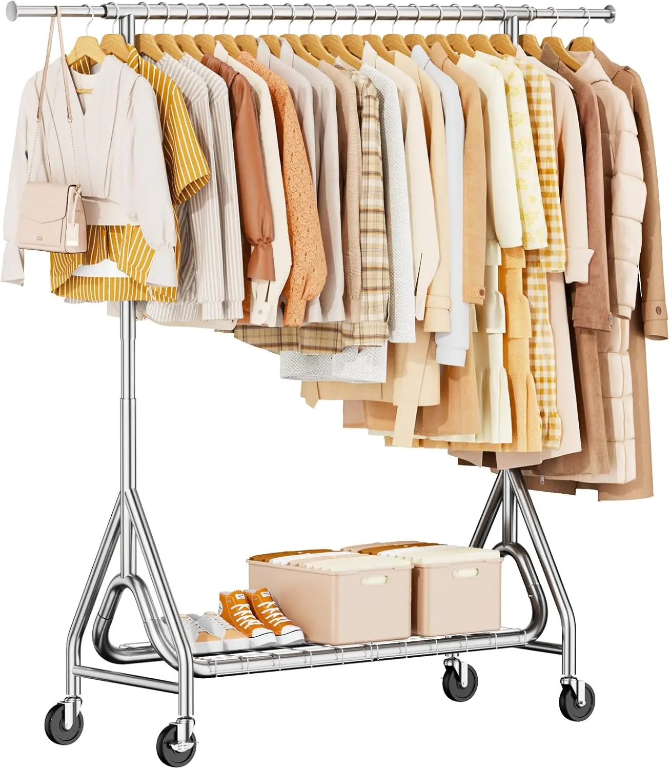 Heavy Duty Clothing Rack, Metal Clothes Rack Load 450 LBS, Rolling Clothes Racks for Hanging Clothes with Lockable Wheels, Wardrobe Closet Garment Racks for Bedroom, Silver