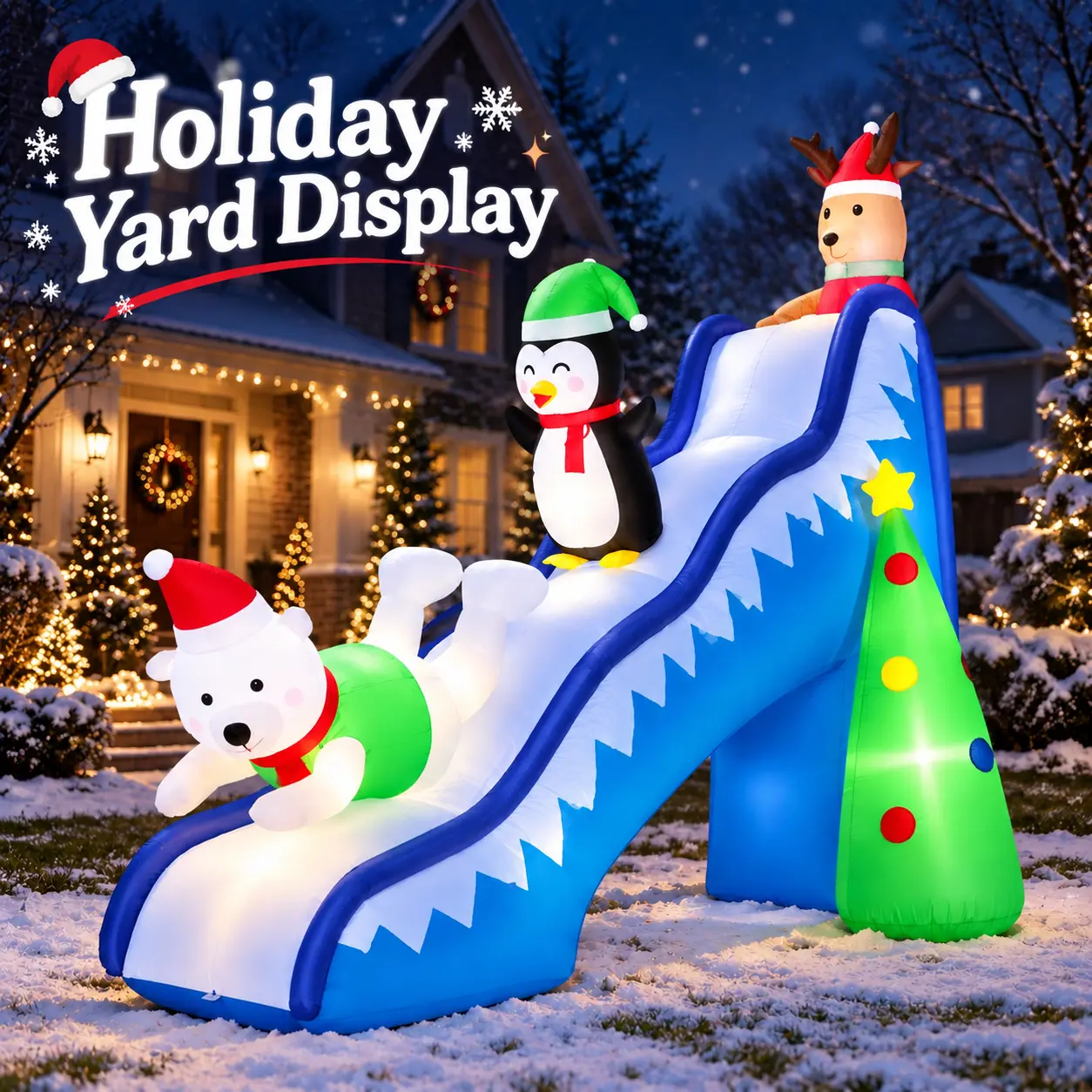 5/6/7 FT ABS Plastic Animal Theme Christmas Inflatable Slide Shape Decor, with Reindeer, Penguin, Polar Bear, Built-in LED Lights, Outdoor Yard Festive Blow-Up Decoration