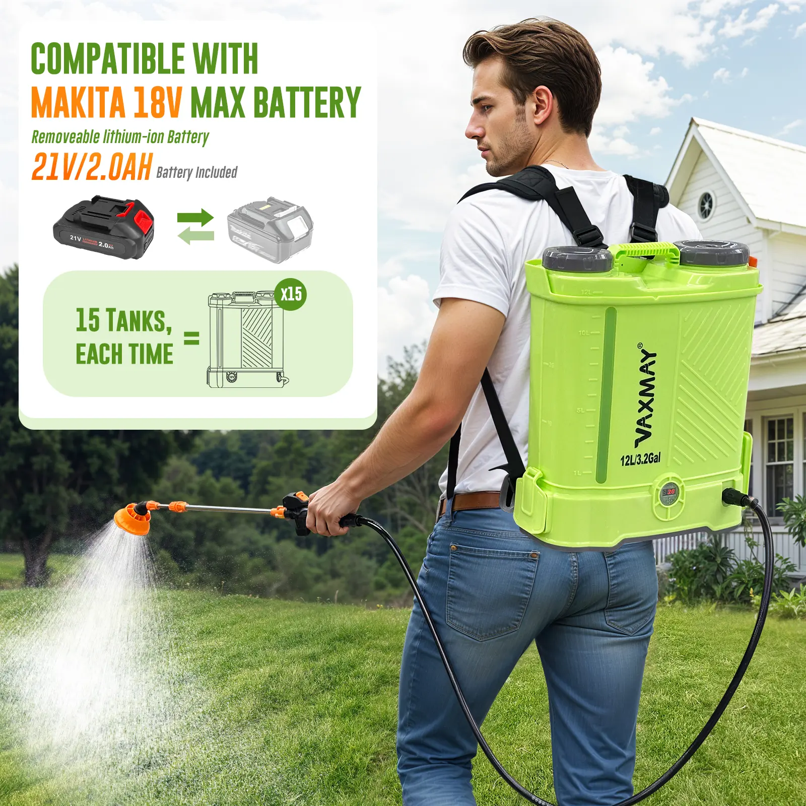 【DealsForYouDays】VAXMAY Battery Powered Backpack Sprayer 3.2 Gallon 80 PSI Electric Garden Sprayer Compatible with Makita 18V Battery 5 Nozzles 2.0 Ah Battery & Charger Included, 80 Psi Pressure