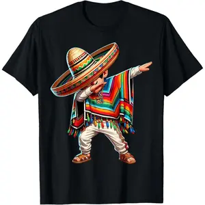 Fun Fiesta Unisex Casual Cotton Graphic Tee with Mexican Sombrero and Poncho Dab Dance, Shirt Stream Elements & Funny Shirts for Men, Meme Shirts Top