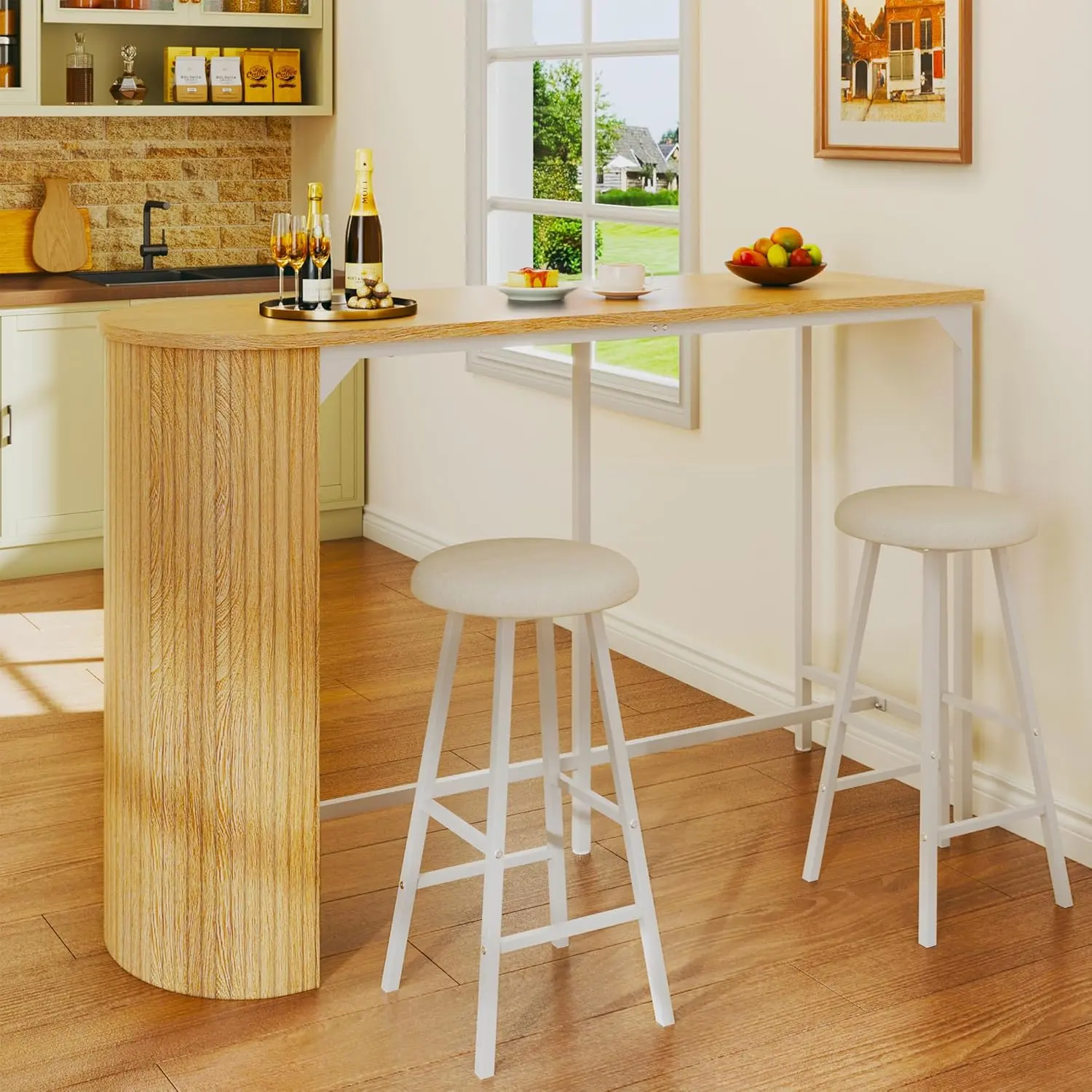 Fluted Bar Table and Chairs Set, 55'' Long Bar Tables with 2 Stools, 3 Piece Counter Height Dining Table for 2, Space Saving Kitchen Table for Bar, Dining Room, Kitchen, Breakfast Nook Corner, Natural,dorm essentials,home decor