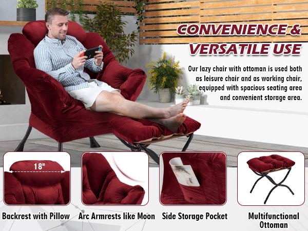 Accent Lazy Chair with Footrest ,Leisure Sofa Armchair with Footrest,Mini Couch Oversized Reading Chair for Bedroom,Living Room,Courtyard,Office,Vanity Chair,Patio Furniture,Apartment Recliner Ergonomic