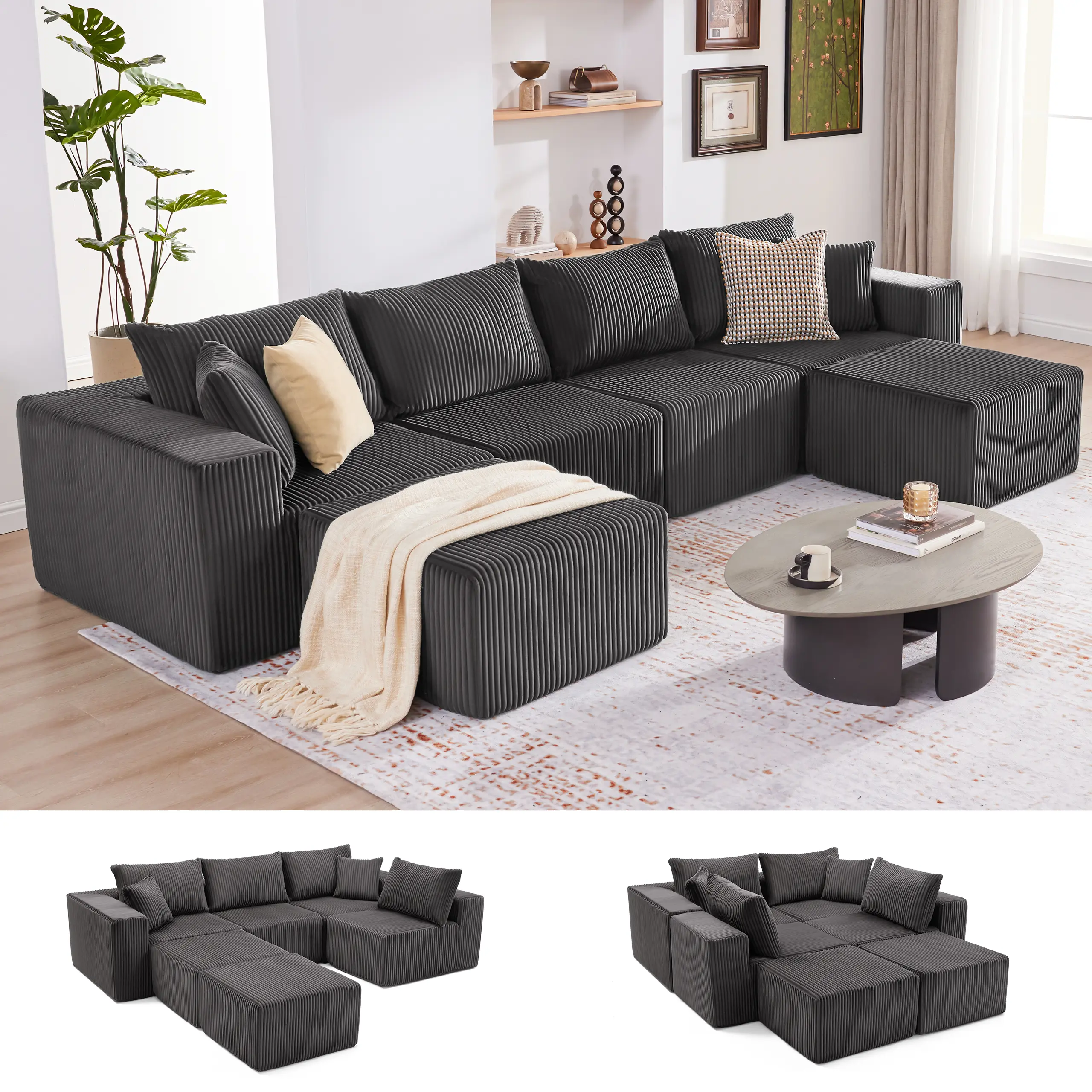 Gray-4Seats+2 Ottomans