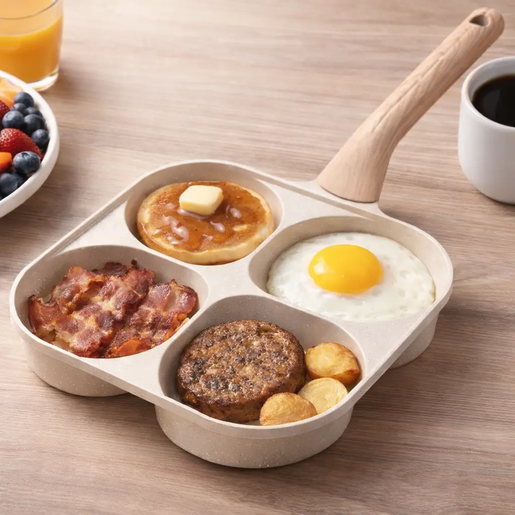 4-Hole Granite-Coated Aluminum Frying Pan - Easy Care Nonstick Skillet, Induction-Safe Omelette Pan, Wooden Grip Handle, Multifunctional Home Kitchen Essential Nonstick Griddle Cookware
