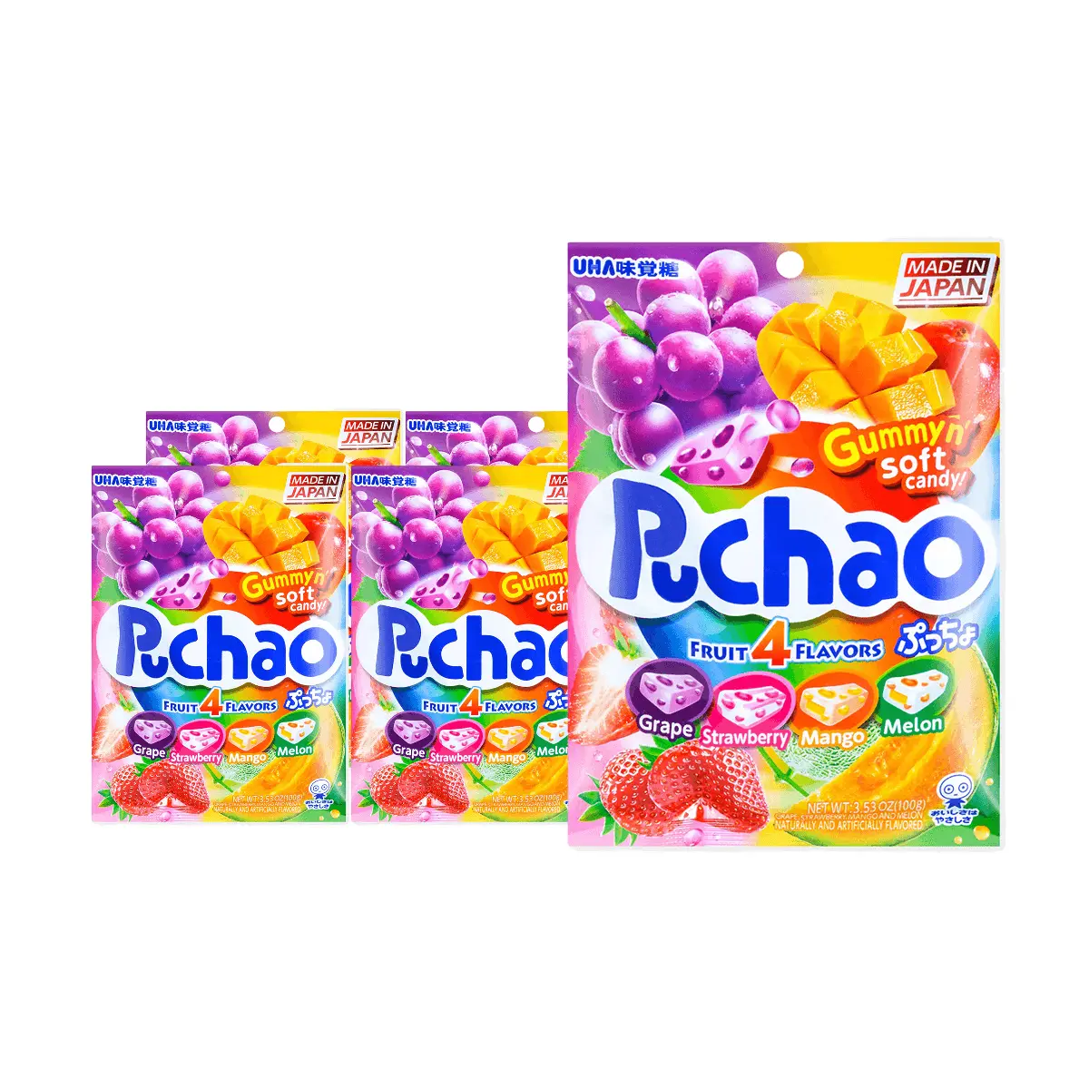 UHA Mikakuto Fruit Jelly Candy Variety Pack - Grape, Strawberry, Mango, Melon Flavors (5 x 100g Bags) - Japanese Gummy Snacks for Kids & Adults