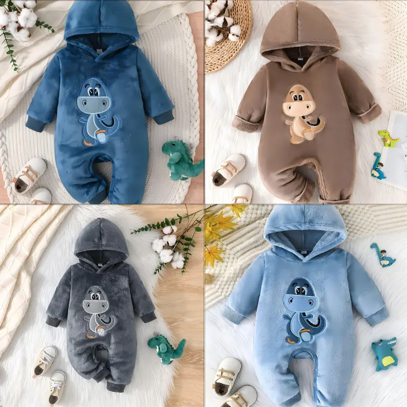 Ready Stock Cute Dinosaur Hooded 3-24m Baby Boys Onesie - Warm Fleece Winter Outfit LH42102A