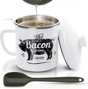 PGYARD Bacon Grease Container Set, 46OZ Large Enamel Grease Saver with Strainer, With Silicone Spatula, Cooking Oil Container for Kitchen Fat Storage, Vintage Farmhouse Kitchen Decor Gift, Dishwasher Safe