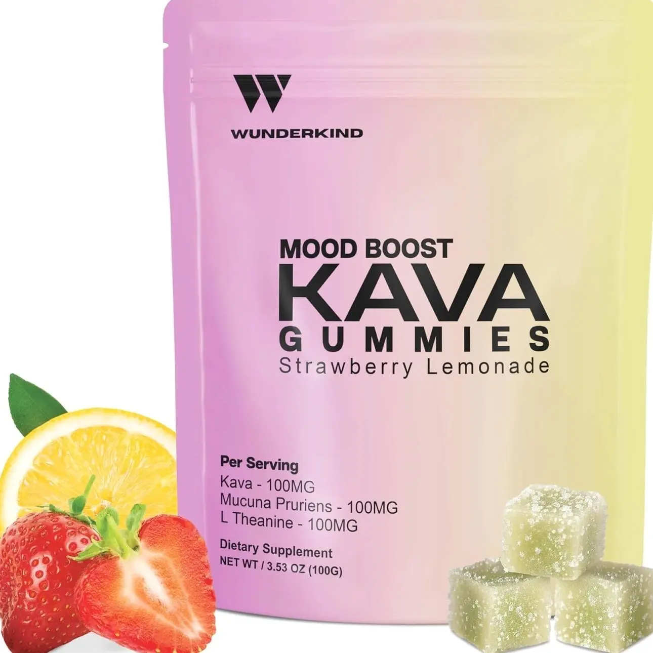 WUNDERKIND Kava Gummies Extra Strength Mood Boost - High-Potency 70% Kavalactones | Natural Stress Relief | Vegan, Clean Ingredients, No Gelatin or Dyes | 1 Gummy Per Serving | Strawberry Lemonade