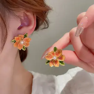 Orange Vintage Oil Painting Style Flower Earrings, French Sweet Stud Earrings, Personalized Ear Jewelry