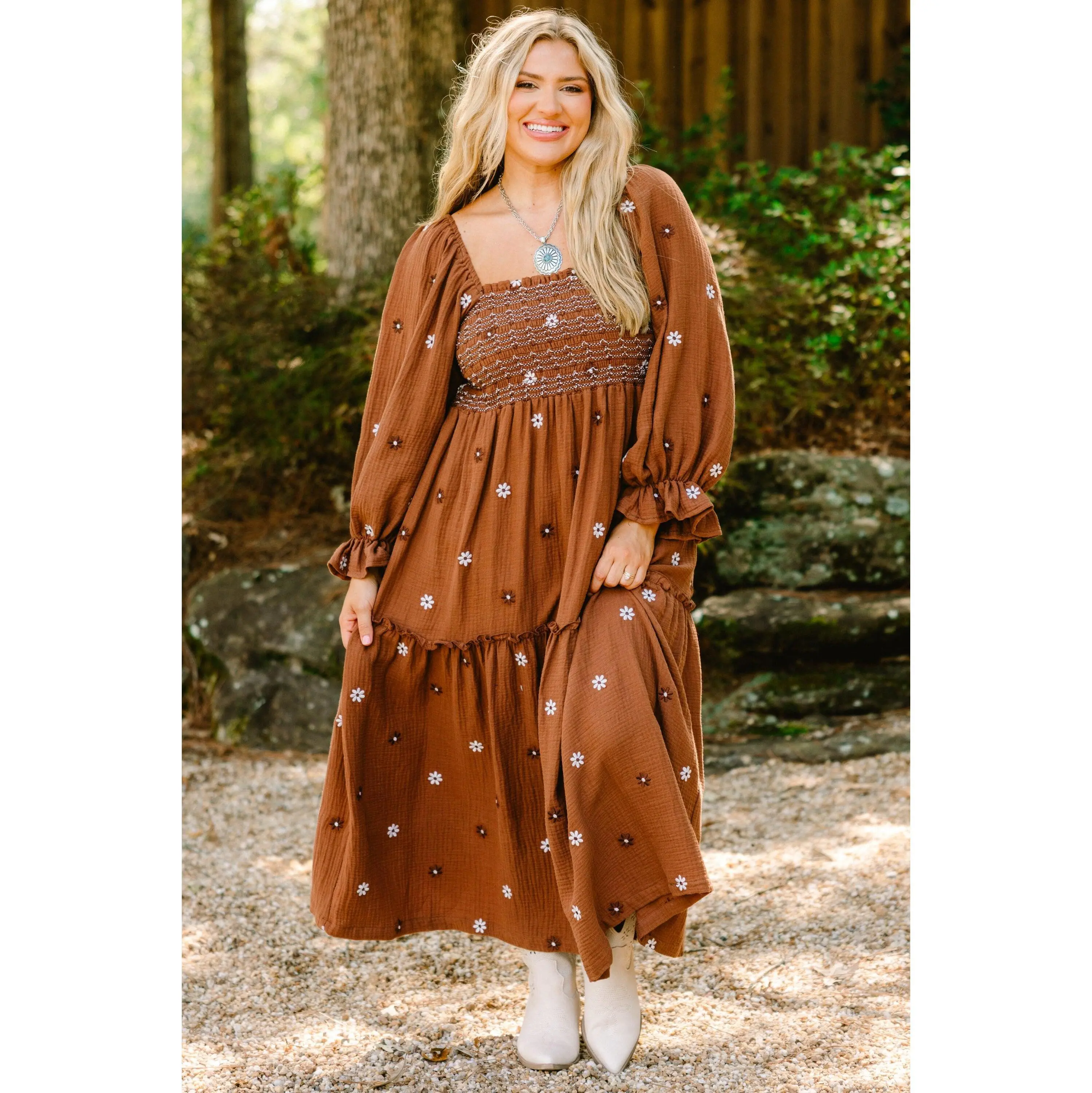 Women's 100% Cotton Casual Smocked Babydoll Dress for Ladies - Dark Brown Clothes, Square Neckline, Ruffle Cuffs, Floral Embroidery, Elastic Stretchy Fabric, Lady