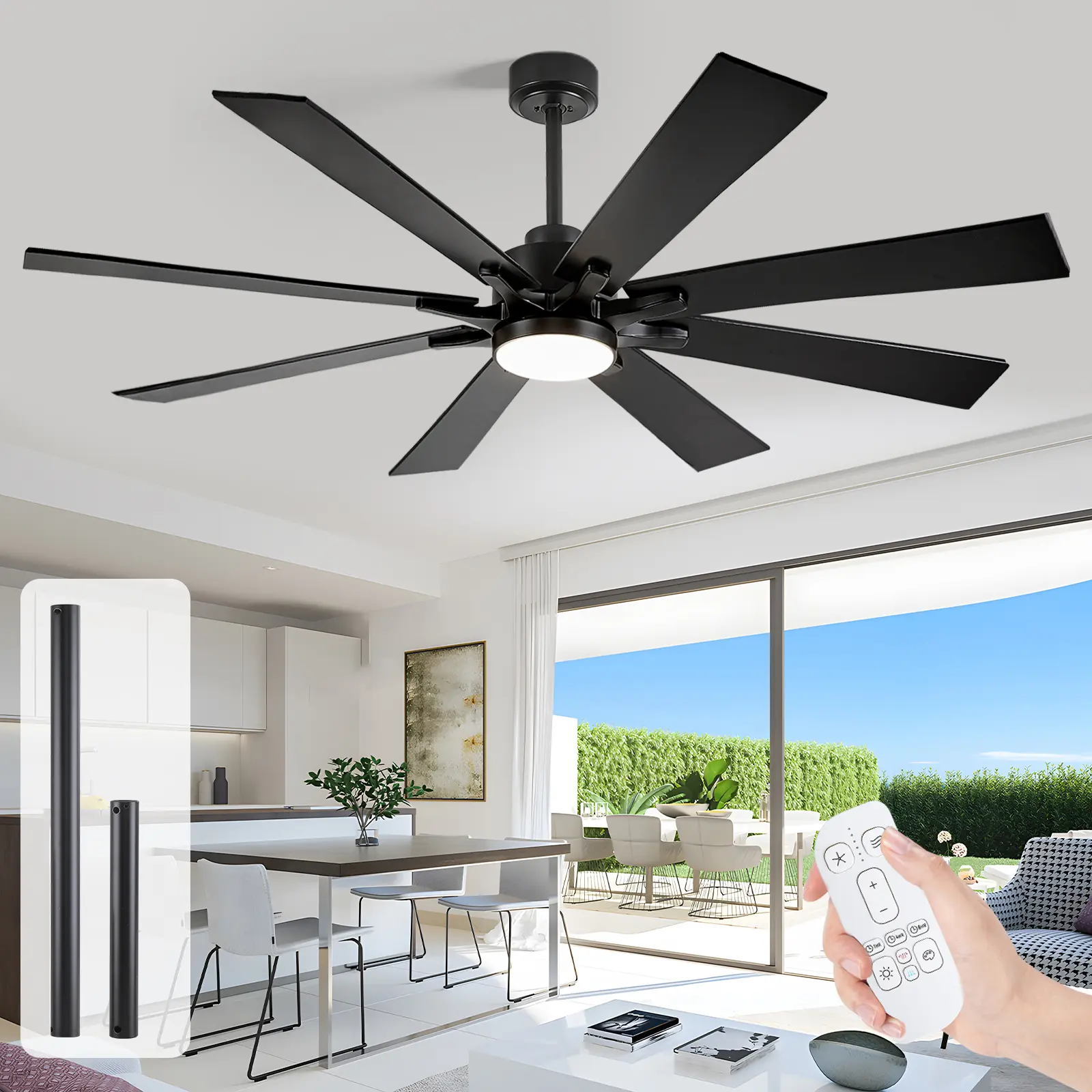 52-72In Smart Industrial Ceiling Fan with Luminous Light, Alexa/App/Remote Control, 8 Plywood Blades, High CFM, Quiet DC Motor, Sleek Matte Black for Large Living Room, Porch, Gazebo Indoor Outdoor Use (Suitable for Kids Room), Garage