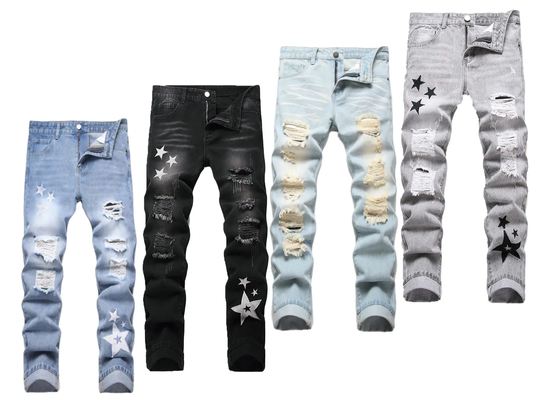 Men's Stretch Embroidered Ripped Slim-Fit Straight-Leg Menswear Jeans - 4-Season Comfort, Festival Vibe, Vintage Washed Denim Pants (Black, Light Blue, Dark Blue, Gray) Streetwear Distressed,clothes for back to school,first day of school outfits