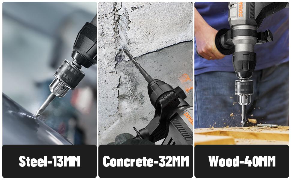 DOVAMAN RH15A 1-9/16'' SDS-Plus Rotary Hammer Drill, 4 Functions in One Knob, Safety Clutch, 6 Speeds, 4350BPM / 900RPM, Fit for Concrete, Wood, Steel