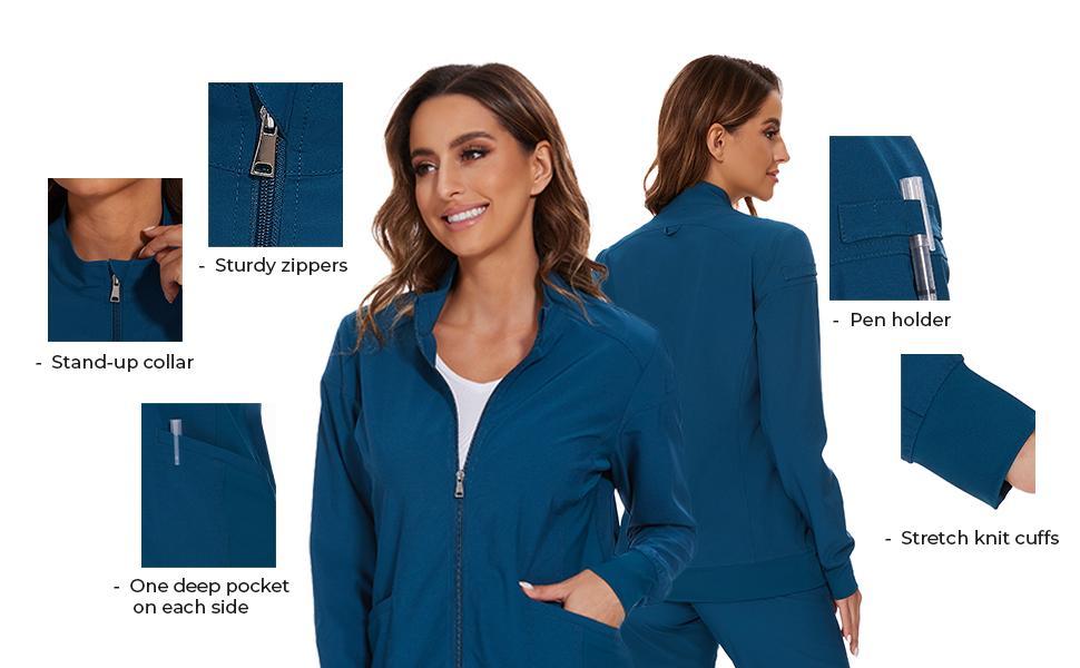 COZYFIT Scrubs for Women Set and Jackets - Stretch V-Neck Scrub Top & Jogger Pant, Zip Front Nurse Jacket SpringStatements