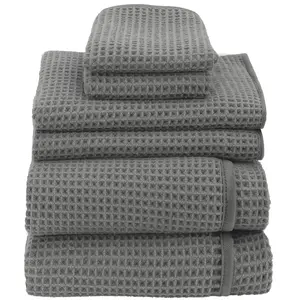 S&T INC. Aura Towel Set, 6 Piece Set, Premium Waffle Weave, Bath Towels, Wash Cloths and Hand Towels for Bathroom, Kitchen, and Home, Absorbent and Fast Drying Microfiber, 420gsm, 6 Pack, Grey