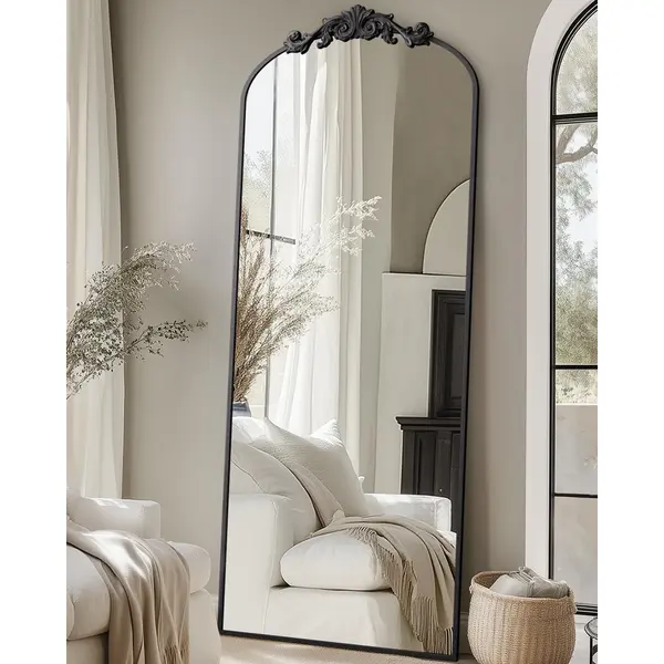 Antok Arched Full Length Mirror, Floor Mirror with Carved, Full Body Mirrors for HomeDecor, Standing/Halling Large Wall Mirror for Bedroom, Living Room, Cloakroom, Black, Retro Style