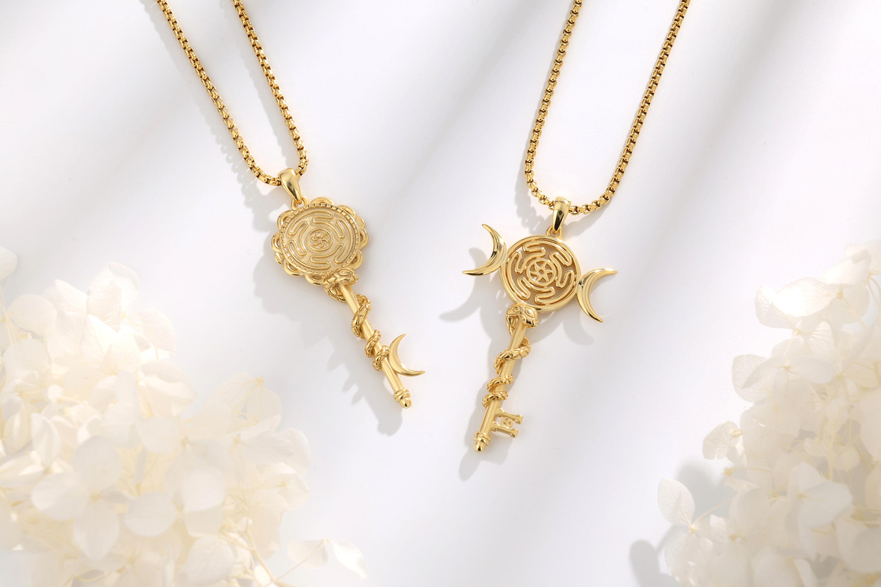 Eudora S925 Sliver Triple Moon Goddess Pendant, Hecate Key Necklace, Witchcraft Jewelry with Coiled Snake, Witchy Hekate Amulet, Spiritual Pagan Gift for Women