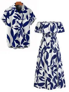 DRESSLILY 2026 Vacation Couple Outfit Women's Leaf Patten Off the Shoulder Slit Dress and Men's Button Up Shirt Matching Set