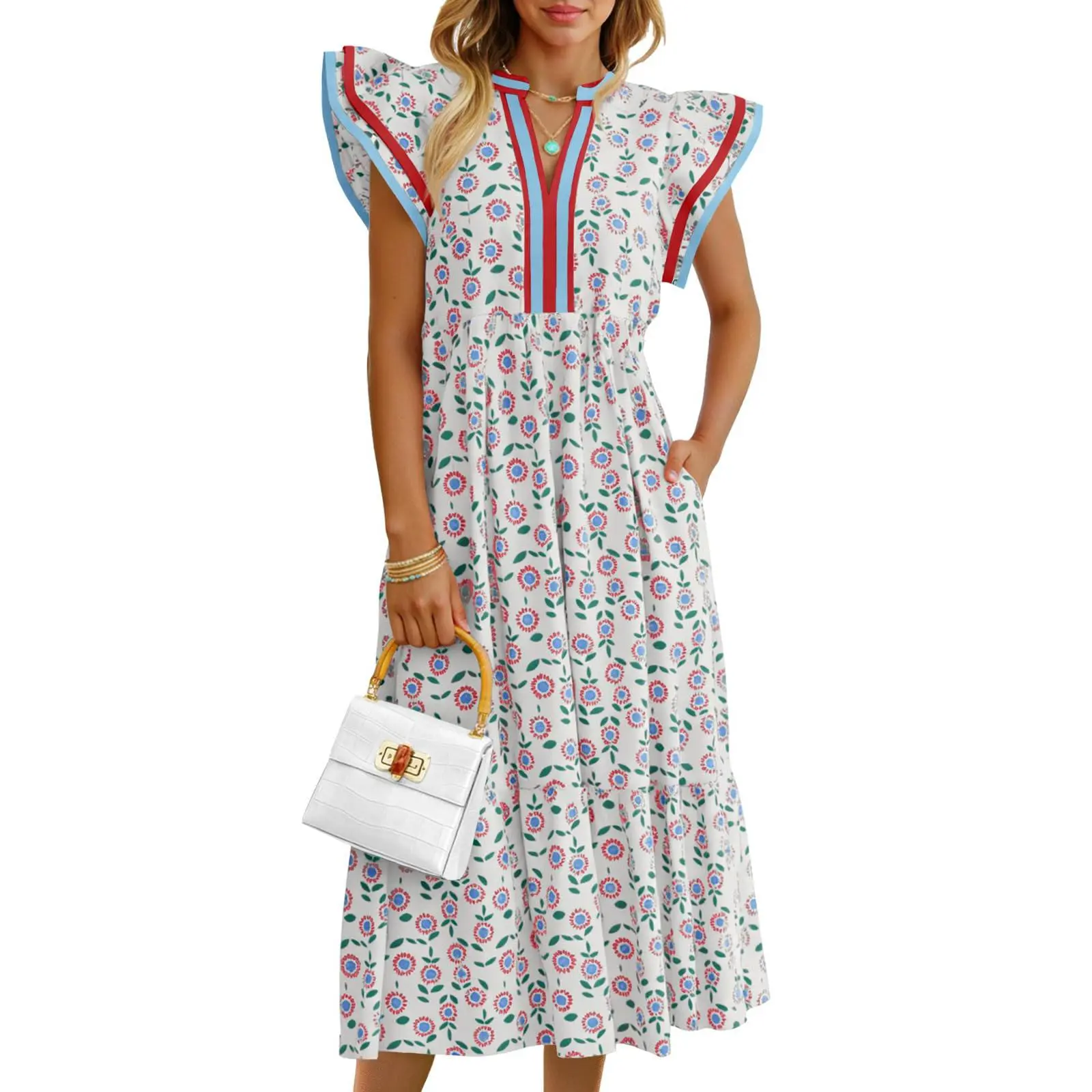 Wenrine Women's Breathable Floral Midi Sundress - Cap Sleeves, V-Neck, Ruffle Detailing, Flower Ornament, Flowy Boho Casual for Beach Vacation, Festival Wear Clothes, Women's Fashion