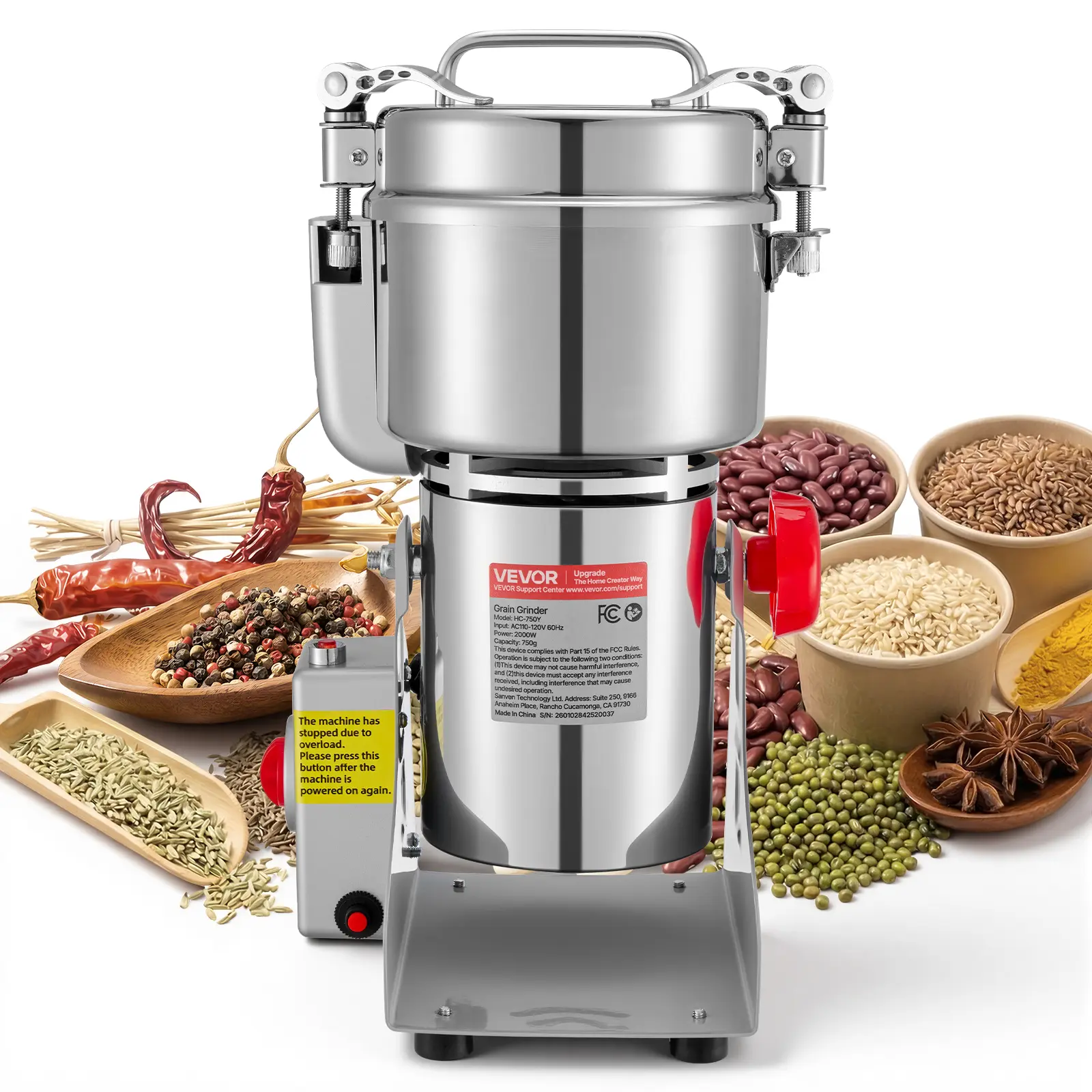 【Summerfinds】VEVOR 750g Electric Grain Mill Grinder, 2000W 28000RPM High Speed Spice Corn Dry Grinding Machine, Stainless Steel Pulverizer Powder Machine for Dried Grains Coffee Beans Spices Nuts (270° Swing Type)
