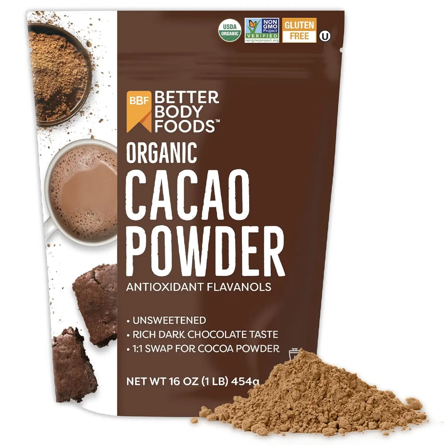 Certified Org. Organic Cacao Powder by BetterBody Foods - Rich Chocolate Flavor, Antioxidant-Rich, Non-GMO, Gluten-Free, Single Ingredient, 16oz (1lb/454g) Bag, Hot Cocoa Compatible, Versatile Use, All-Age Suitable