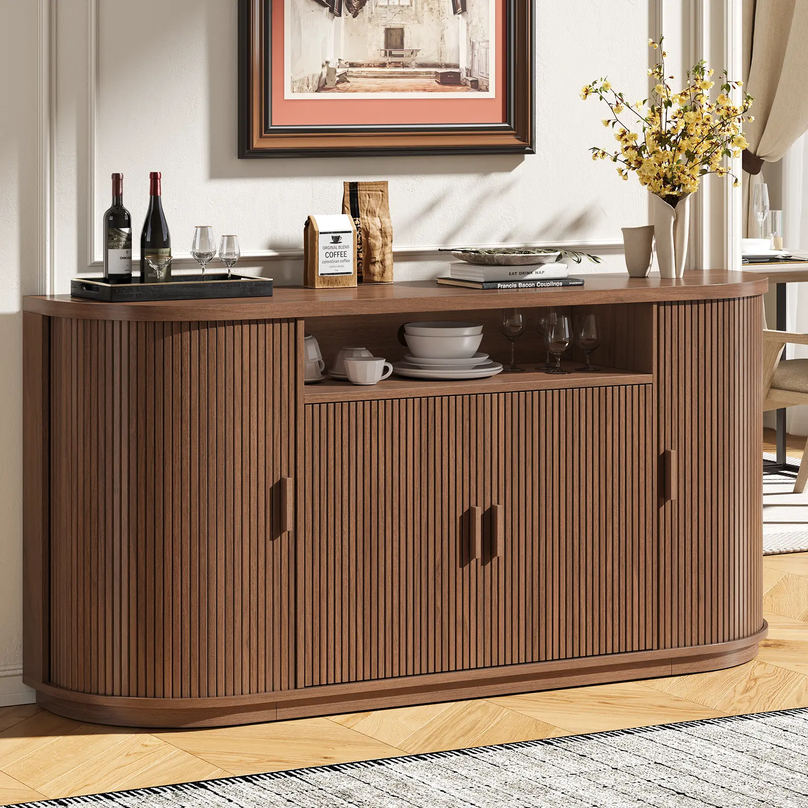 【BackToSchool】ONBRILL 63" Mid Century Modern Fluted Sturdy Sideboard Buffet Cabinet - Home Decor Storage Furniture with Sliding Doors, Drawers, Adjustable Shelves for Kitchen, Living Room,dorm essentials