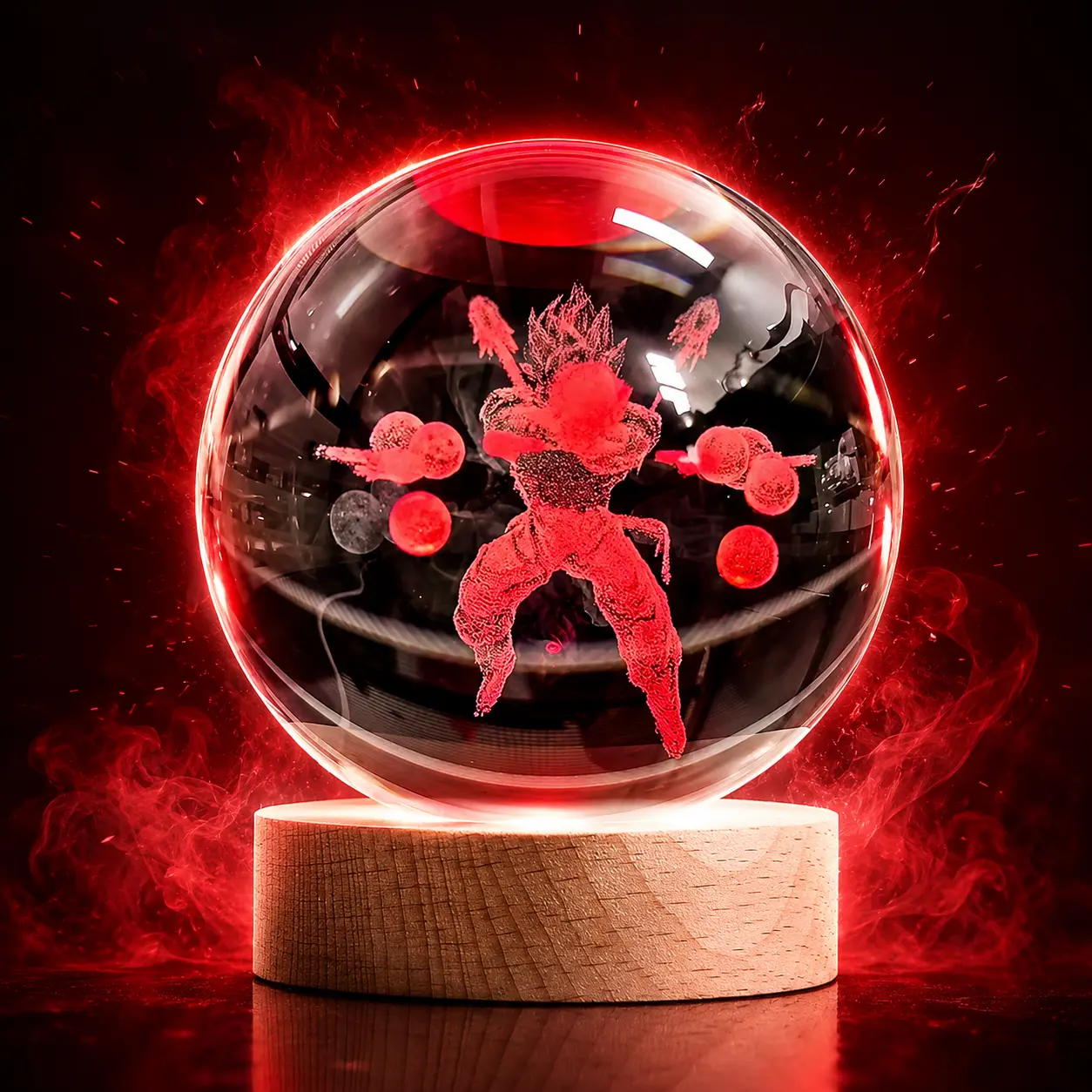 DBZ Color-Changing 3D Laser Engraved Anime Warrior Crystal Ball with Wooden Base, Energy Orb Collectible Desk Ornament, Unique Birthday and Holiday Gift for Anime Fans and Gamers
