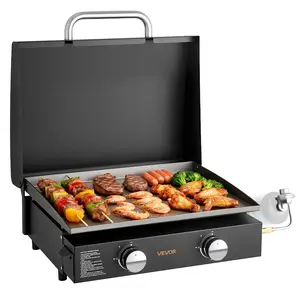 Gas Griddle, 2 Burner Tabletop Griddle, Portable Griddles Propane with Lid, Oil Drain Hole & Oil Collection Tray, Camping Flat Top Grill for Outdoor Cooking, Tailgating